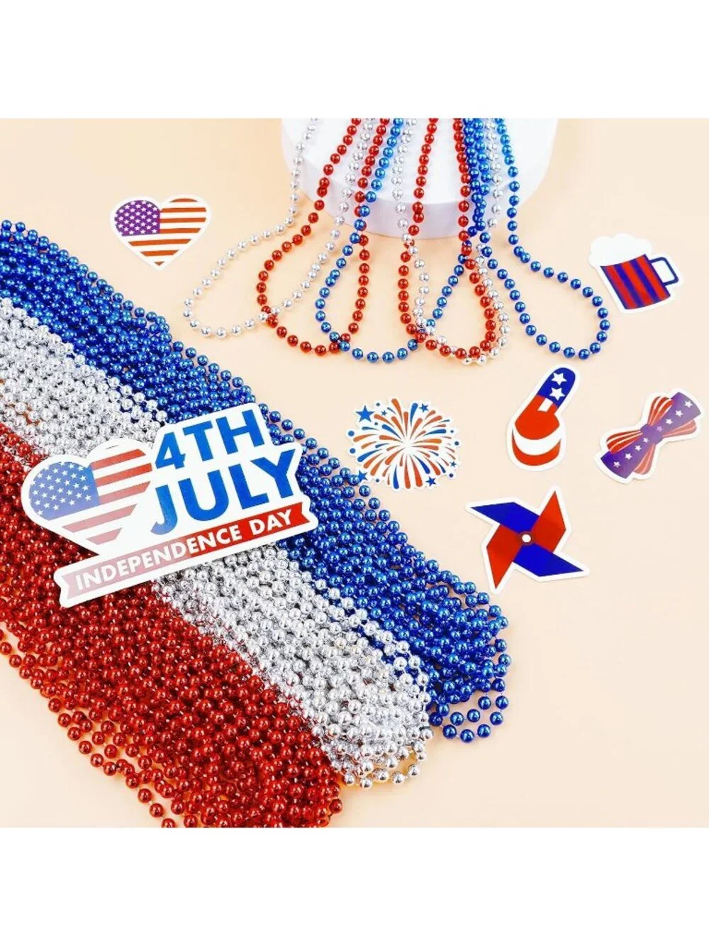 100PCS Patriotic Red White Blue Bead Necklaces 33